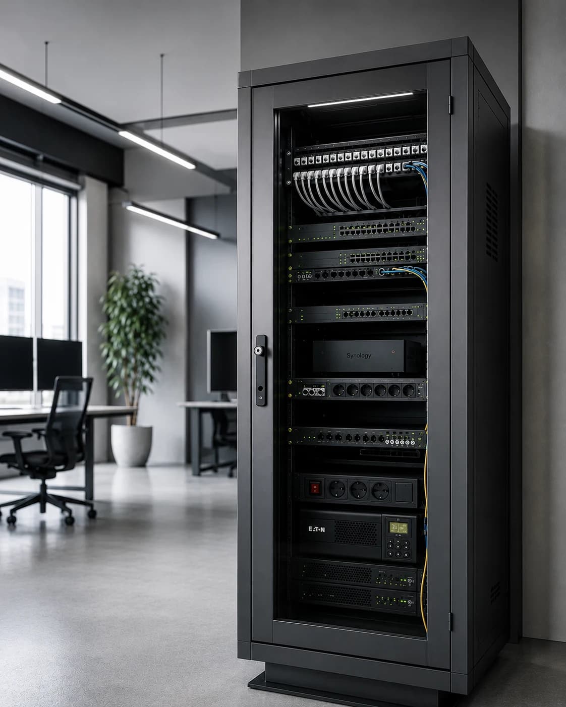 Baie informatique installée dans les bureaux d'une entreprise : brassage réseau, switchs, serveur de sauvegarde et onduleur.